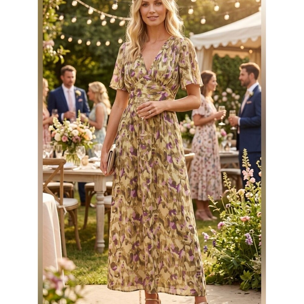 NEW Olive & Lavender Floral Flutter Sleeve V Neck Maxi Dress
